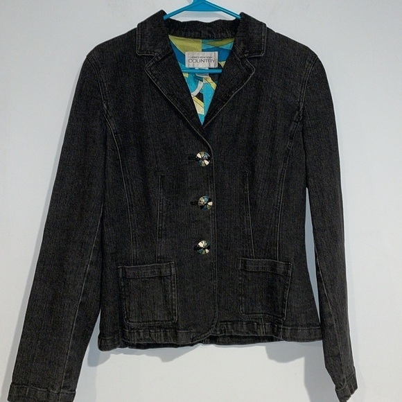Jones, New York country black denim Jean jacket with art deco buttons size 6 - Picture 1 of 7